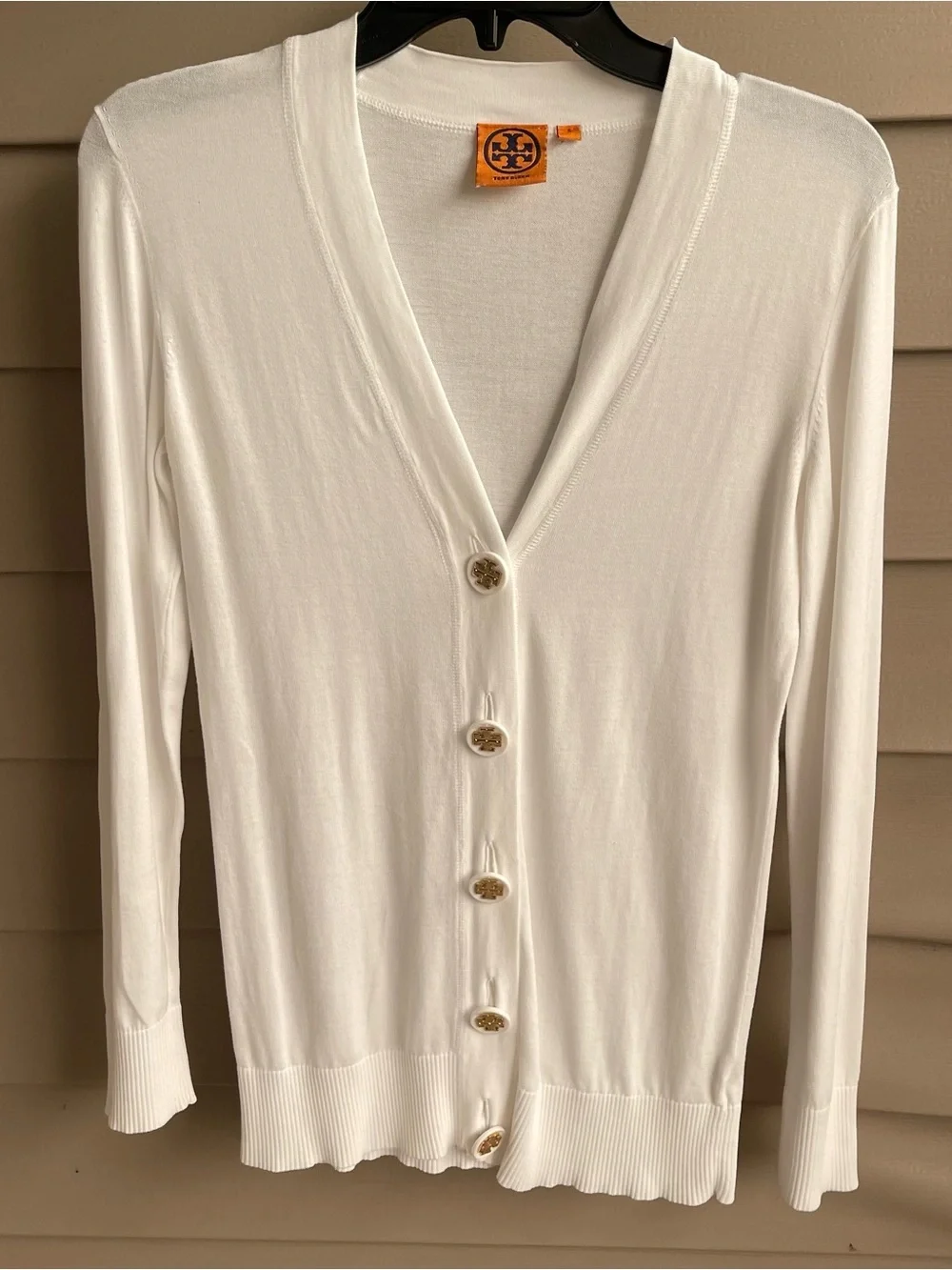 Tory Burch Simone V-Neck Cardigan Gold Logo Buttons Size S White Clean Girl